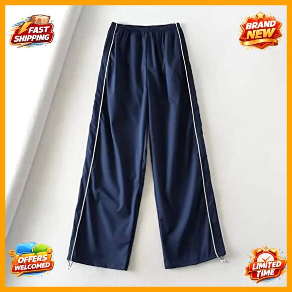 High Rise Baggy Track Pants with Drawstring Legs Polyester Loose Fit - Picture 6 of 7